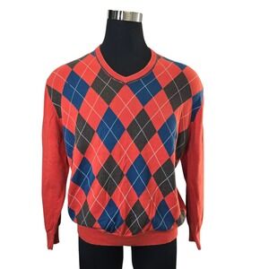 John Bartlett Consensus Men Orange Argyle V Neck XL Sweater 100% Cotton‎